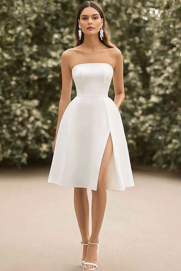 Strapless A Line Satin White Graduation Dress With Slit
